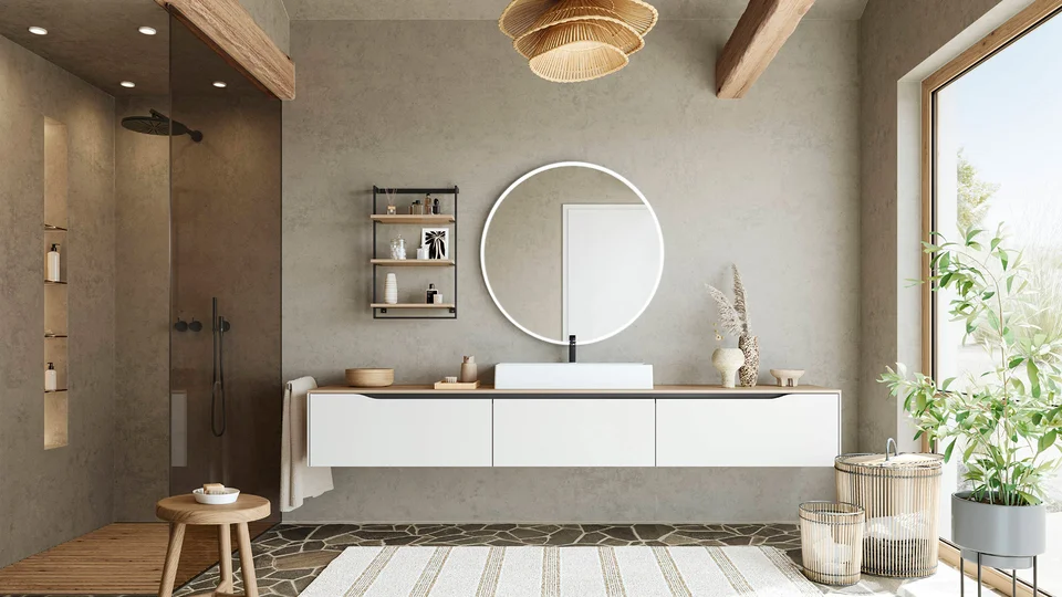 Salle de bains rénovée avec meuble sous vasque Nobilia, double vasque et miroir éclairé