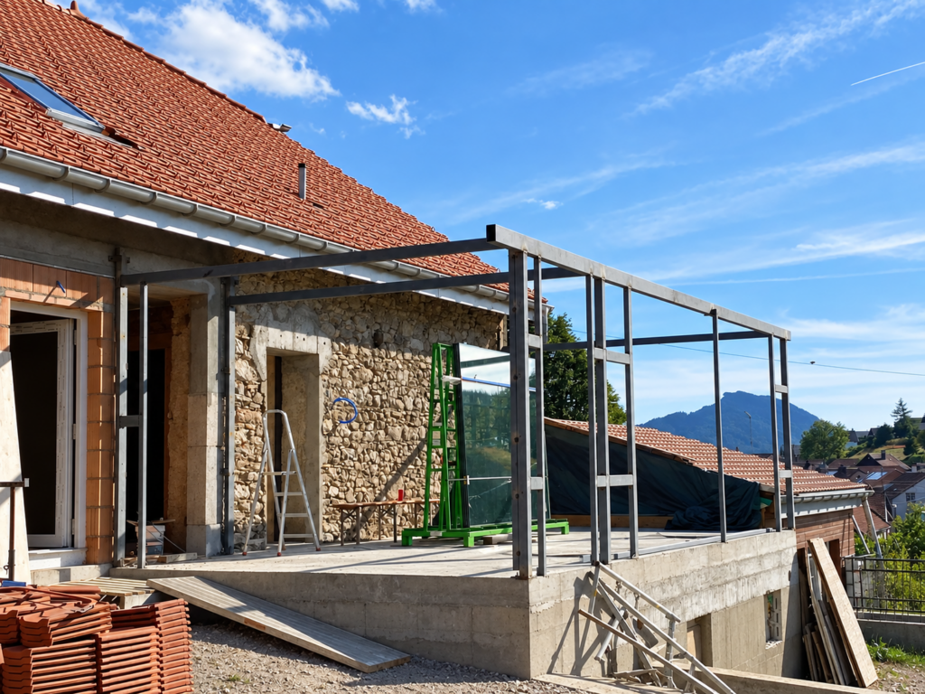 Structure métallique de la véranda vue depuis le jardin – Atelier Art Home